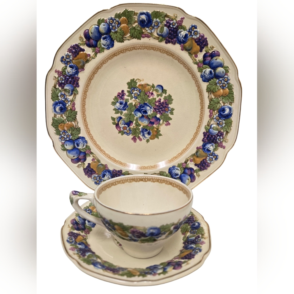 Crown Ducal Florentine Cup, Saucer & Plate – Distinctive Fruit & Floral Motif (E